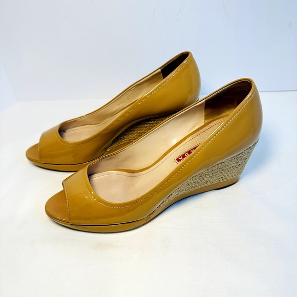 PRADA Patent Leather Open Toe Wedge  Espadrilles Nude Shoes SZ 39/US 9 Italy - Picture 1 of 16